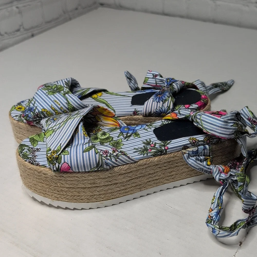 Zara Scarf Ankle Wrap Blue Floral Espadrille Sandals